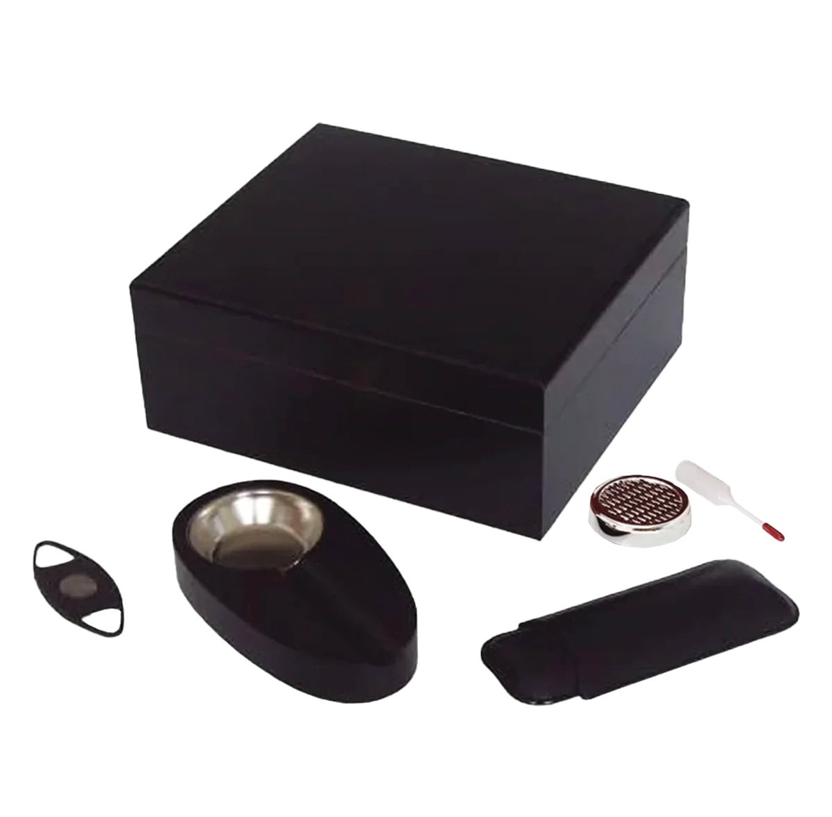 50 Stick Black Humidor Gift Set With Leather Case Ashtray & Cutter